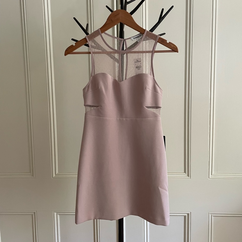NWT Express Petite Dotted Lace Sleeveless Mini Cocktail Dress. Mauve. Size 0.